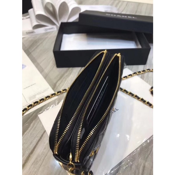 Chanel Lambskin 18k Charms Double Zip Pouch with Chain Black 2018 Collection