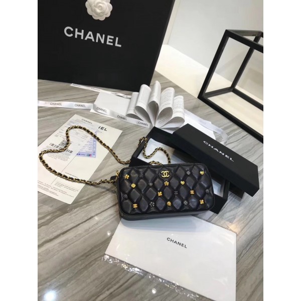 Chanel Lambskin 18k Charms Double Zip Pouch with Chain Black 2018 Collection