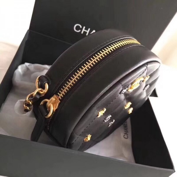 Chanel Lambskin 18k Charms Round Clutch with Chain A81620 Black 2018 Collection