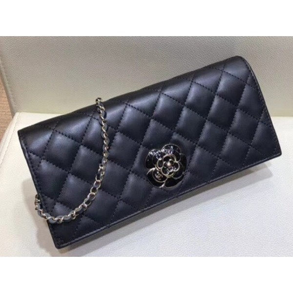 Chanel Camellia Logo Lambskin Chain Clutch Bag A94575 Black 2018