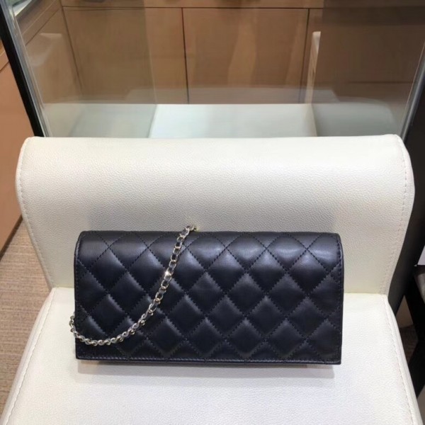 Chanel Camellia Logo Lambskin Chain Clutch Bag A94575 Black 2018