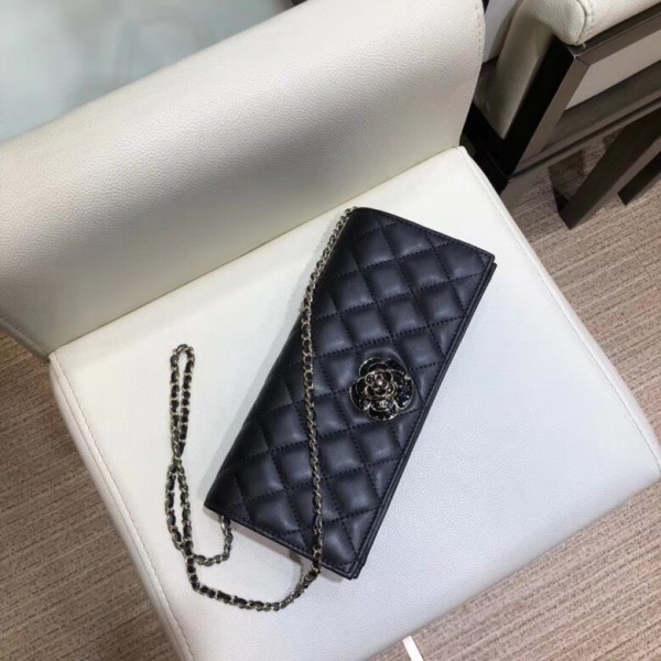 Chanel Camellia Logo Lambskin Chain Clutch Bag A94575 Black 2018