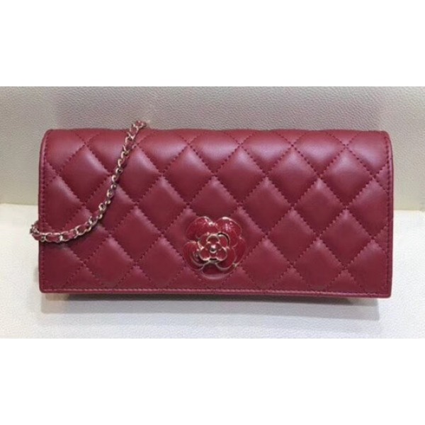 Chanel Camellia Logo Lambskin Chain Clutch Bag A94575 Dark Red 2018