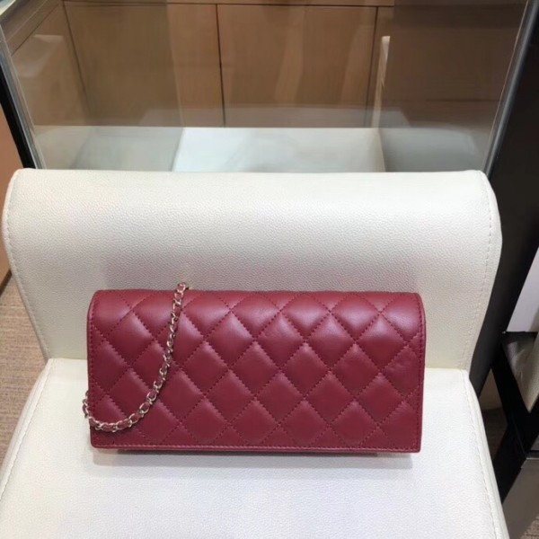 Chanel Camellia Logo Lambskin Chain Clutch Bag A94575 Dark Red 2018