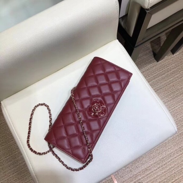 Chanel Camellia Logo Lambskin Chain Clutch Bag A94575 Dark Red 2018