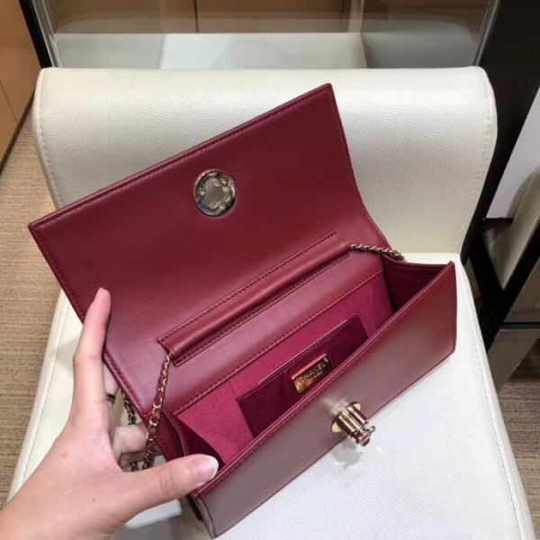 Chanel Camellia Logo Lambskin Chain Clutch Bag A94575 Dark Red 2018