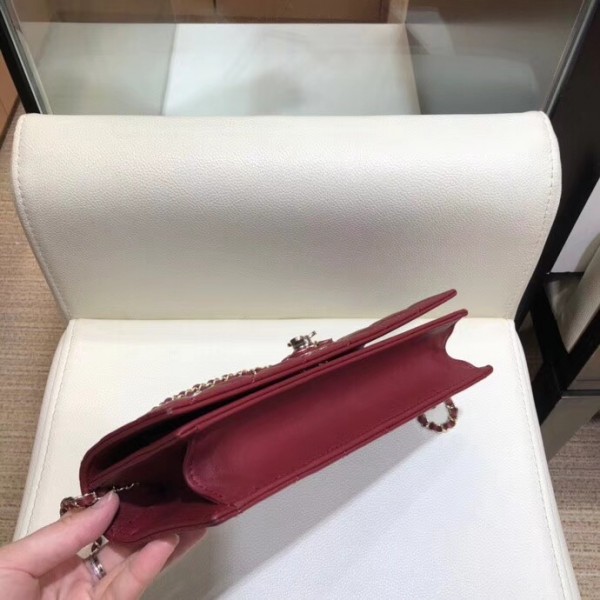 Chanel Camellia Logo Lambskin Chain Clutch Bag A94575 Dark Red 2018