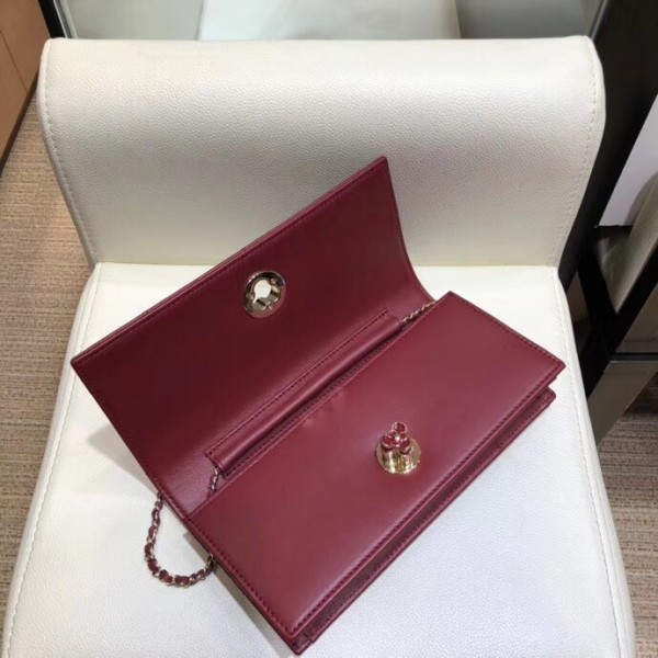 Chanel Camellia Logo Lambskin Chain Clutch Bag A94575 Dark Red 2018