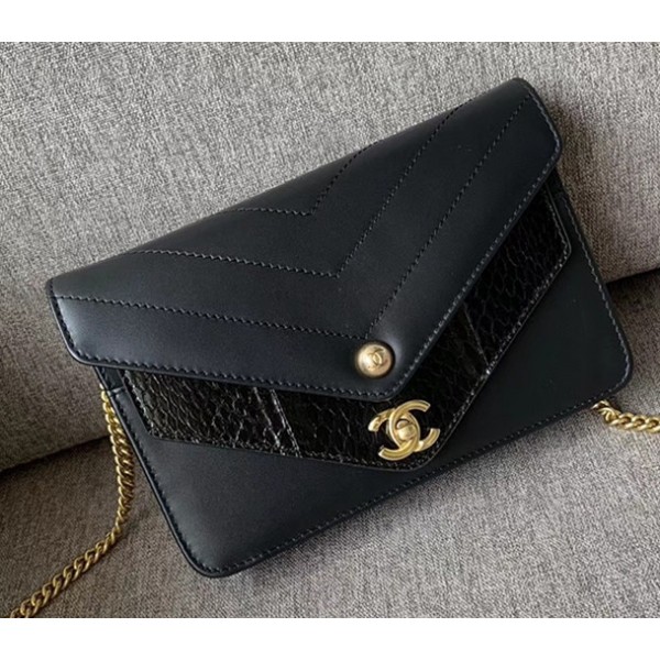 Chanel Chevron Calfskin/Elaphe Wallet On Chain WOC Bag Black 2018