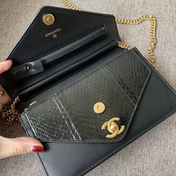 Chanel Chevron Calfskin/Elaphe Wallet On Chain WOC Bag Black 2018