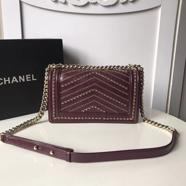 BOY CHANEL Handbag Crumpled Calfskin & Gold-Tone Metal A67086 Burgundy 
