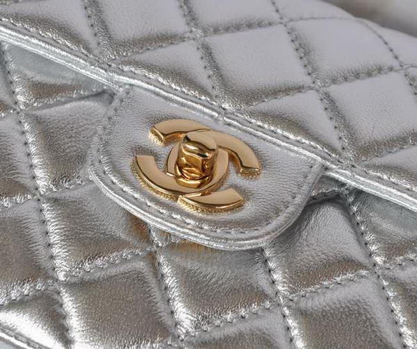 Chanel Classic Light Silver Lambskin Golden Chain Quilted Flap Bag 
