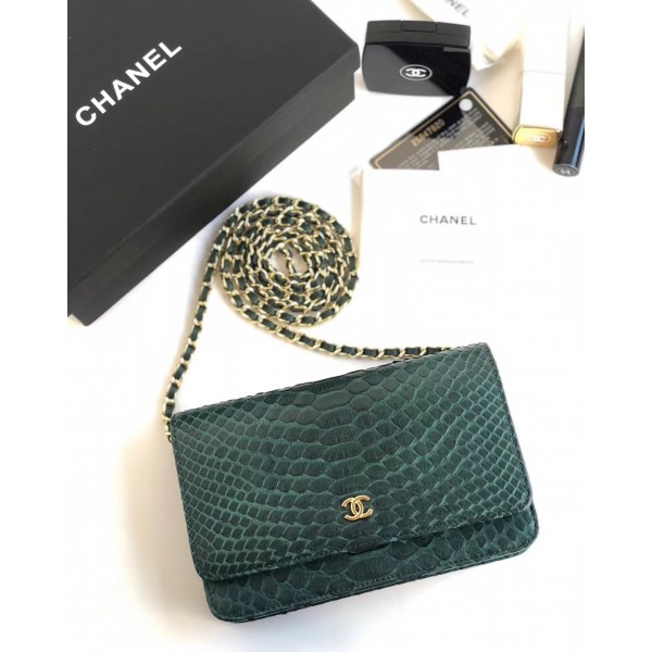 Chanel Python Leather Wallet On Chain WOC Flap Bag Green 2018