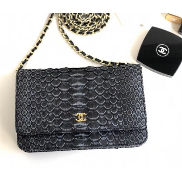 Chanel Python Leather Wallet On Chain WOC Flap Bag Grey/Black 2018