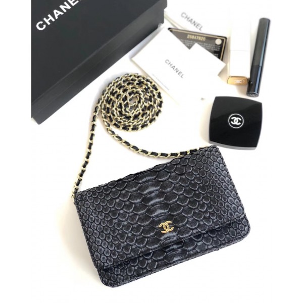 Chanel Python Leather Wallet On Chain WOC Flap Bag Grey/Black 2018