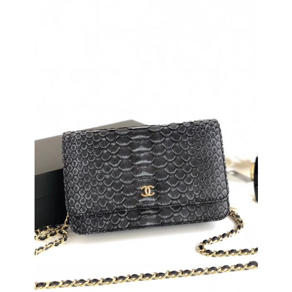 Chanel Python Leather Wallet On Chain WOC Flap Bag Grey/Black 2018