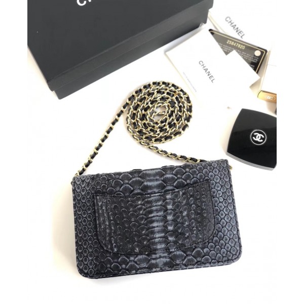 Chanel Python Leather Wallet On Chain WOC Flap Bag Grey/Black 2018