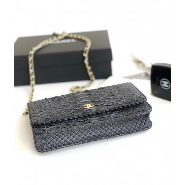 Chanel Python Leather Wallet On Chain WOC Flap Bag Grey/Black 2018
