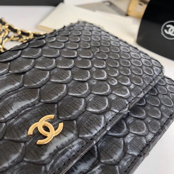 Chanel Python Leather Wallet On Chain WOC Flap Bag Grey/Black 2018