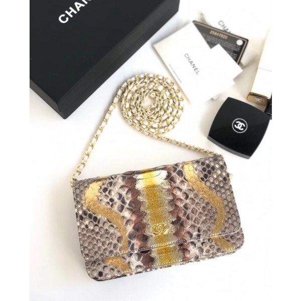 Chanel Python Leather Wallet On Chain WOC Flap Bag Gold 2018