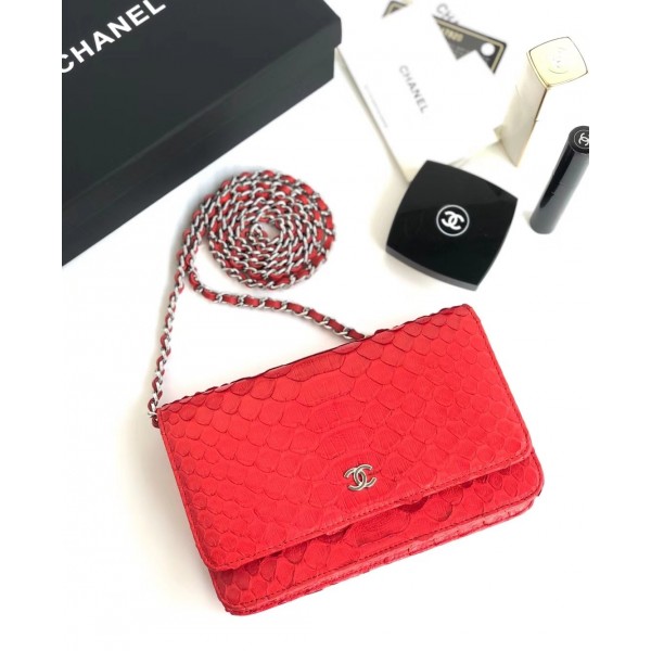 Chanel Python Leather Wallet On Chain WOC Flap Bag Red 2018