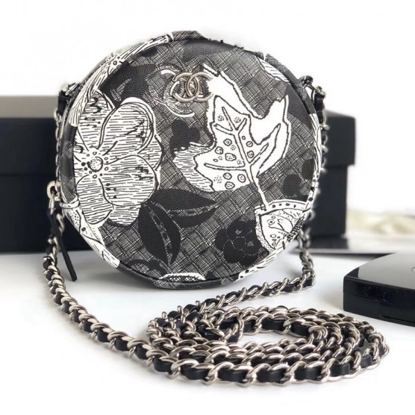Chanel Printed Lambskin Round Clutch with Chain Black 2018 Collection