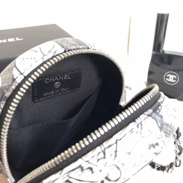 Chanel Printed Lambskin Round Clutch with Chain Black 2018 Collection