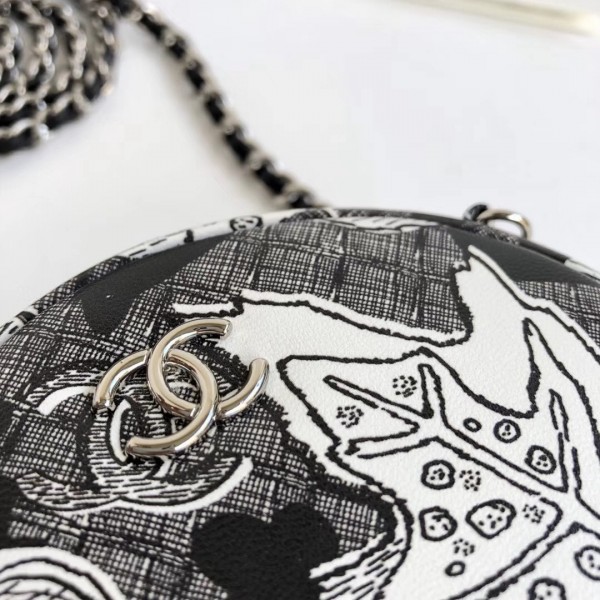 Chanel Printed Lambskin Round Clutch with Chain Black 2018 Collection