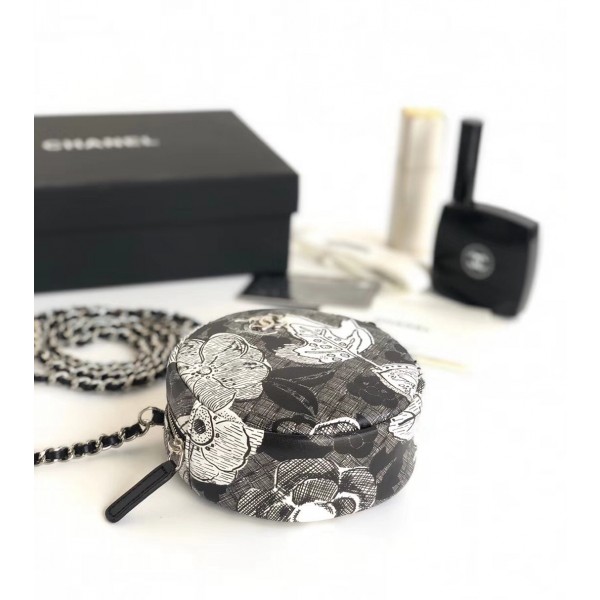 Chanel Printed Lambskin Round Clutch with Chain Black 2018 Collection