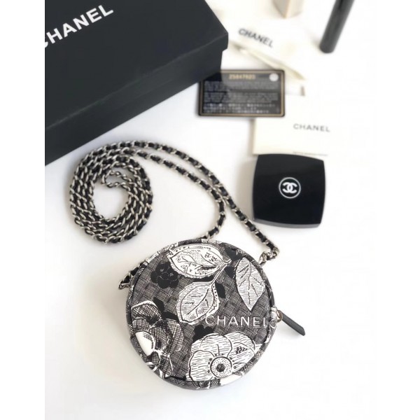 Chanel Printed Lambskin Round Clutch with Chain Black 2018 Collection