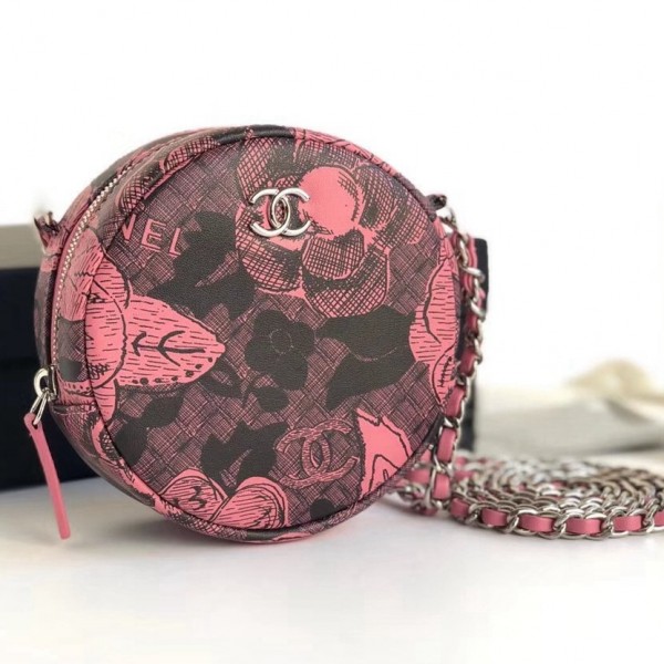 Chanel Printed Lambskin Round Clutch with Chain Pink 2018 Collection