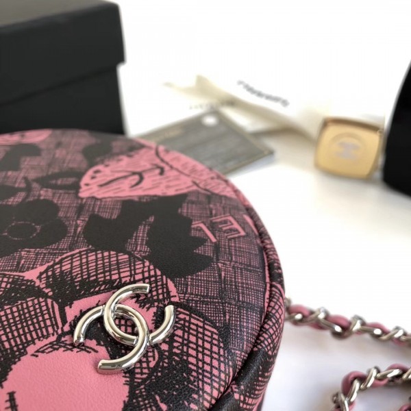 Chanel Printed Lambskin Round Clutch with Chain Pink 2018 Collection