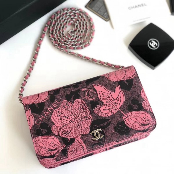 Chanel Printed Lambskin Wallet On Chain WOC Bag Pink 2018 Collection