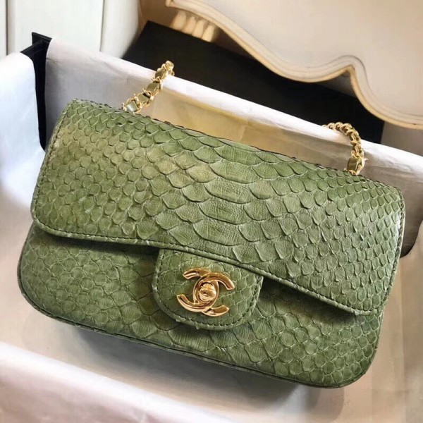 Chanel Python Classic Small Flap Bag Olive Green 2018 Collection