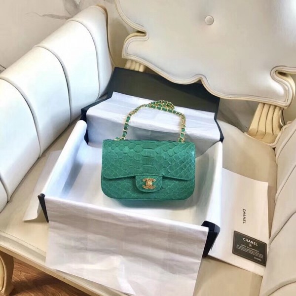 Chanel Python Classic Small Flap Bag Green 2018 Collection