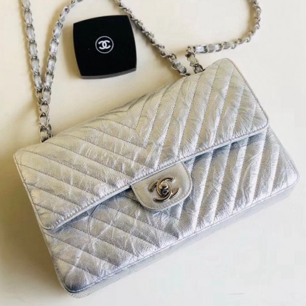 Chanel Aged Metallic Silver Calfskin Medium Classic Flap Bag 2018 Collection