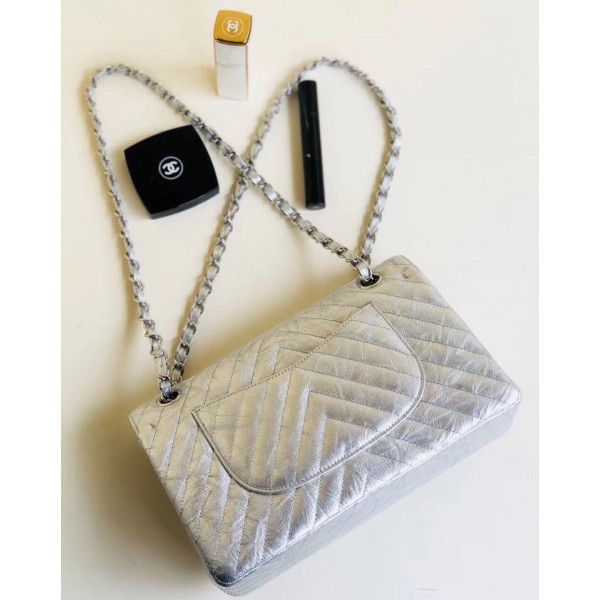 Chanel Aged Metallic Silver Calfskin Medium Classic Flap Bag 2018 Collection