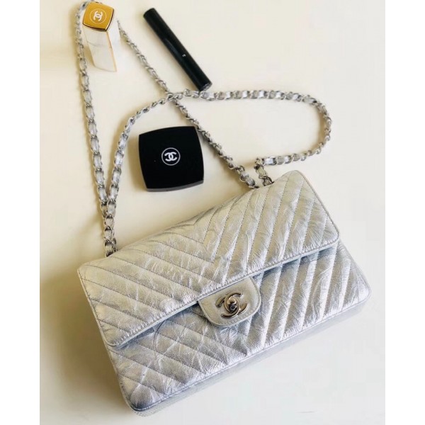 Chanel Aged Metallic Silver Calfskin Medium Classic Flap Bag 2018 Collection