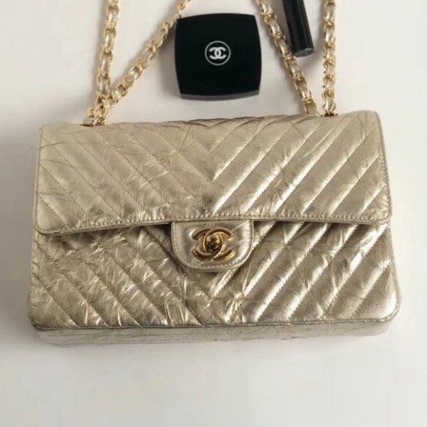 Chanel Aged Metallic Light Gold Calfskin Medium Classic Flap Bag 2018 Collection