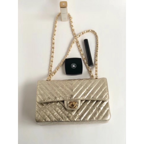 Chanel Aged Metallic Light Gold Calfskin Medium Classic Flap Bag 2018 Collection