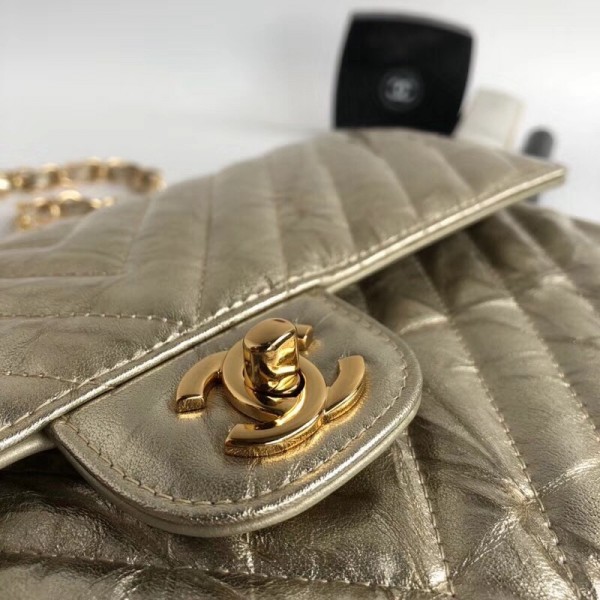 Chanel Aged Metallic Light Gold Calfskin Medium Classic Flap Bag 2018 Collection