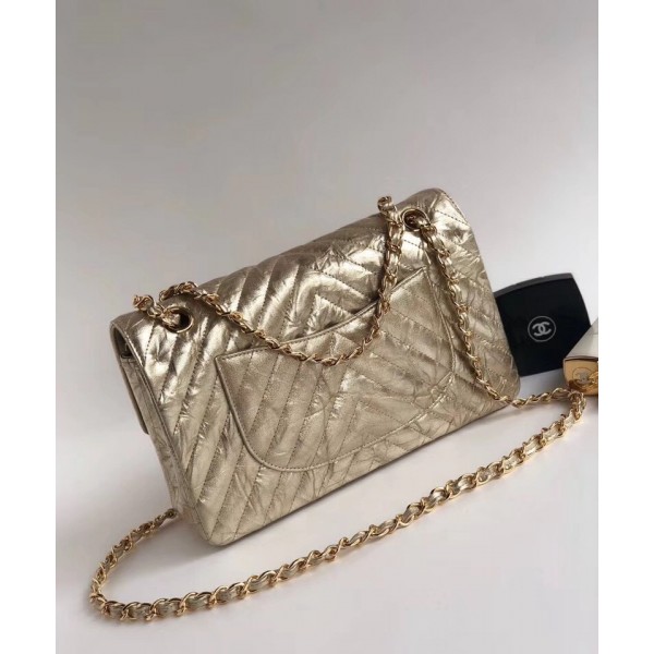 Chanel Aged Metallic Light Gold Calfskin Medium Classic Flap Bag 2018 Collection