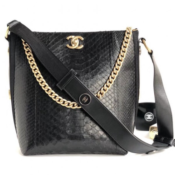 Chanel Button Up Python & Grosgrain Small Hobo Handbag A57573 Black 2018 Collection