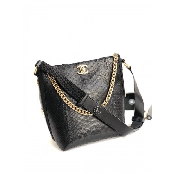 Chanel Button Up Python & Grosgrain Small Hobo Handbag A57573 Black 2018 Collection