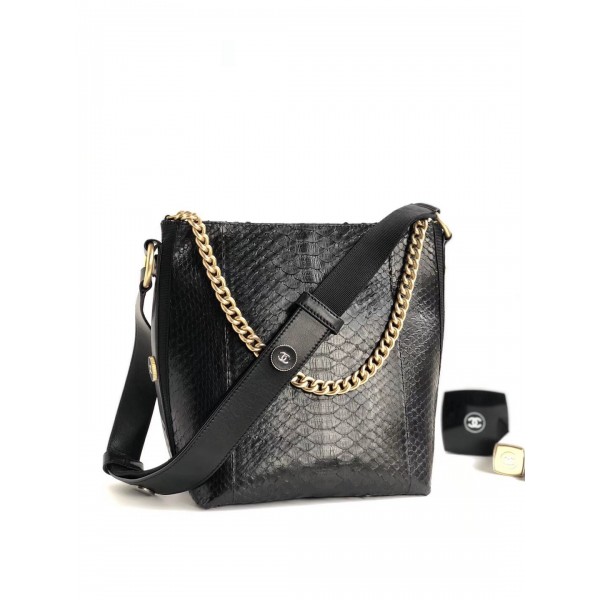 Chanel Button Up Python & Grosgrain Small Hobo Handbag A57573 Black 2018 Collection
