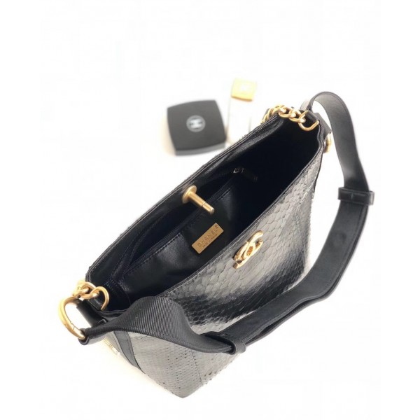 Chanel Button Up Python & Grosgrain Small Hobo Handbag A57573 Black 2018 Collection