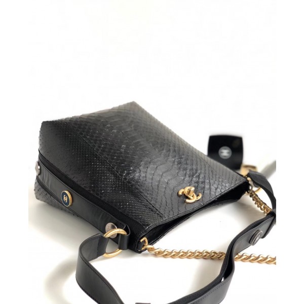 Chanel Button Up Python & Grosgrain Small Hobo Handbag A57573 Black 2018 Collection