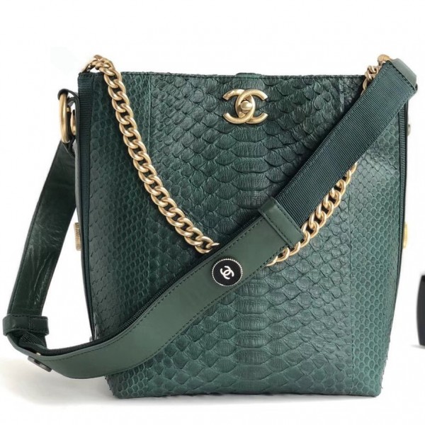 Chanel Button Up Python & Grosgrain Small Hobo Handbag A57573 Green 2018 Collection