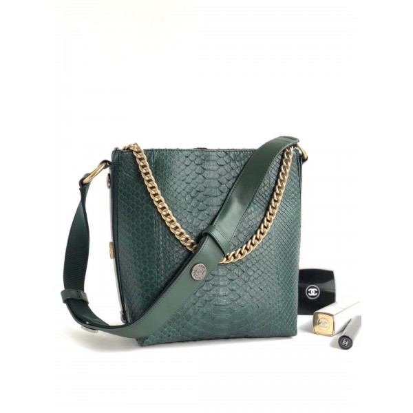 Chanel Button Up Python & Grosgrain Small Hobo Handbag A57573 Green 2018 Collection