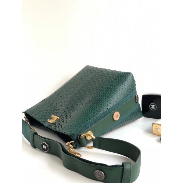 Chanel Button Up Python & Grosgrain Small Hobo Handbag A57573 Green 2018 Collection